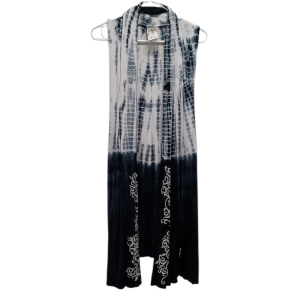Be Vocal Black/White TieDye Floral Bling Fleur De Lis Sleeveless Duster Cardigan